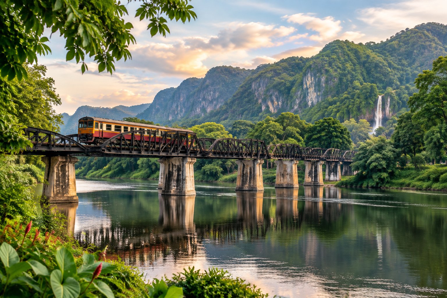 A train crosses a bridge over a river, surrounded by tropical greenery and distant hills.