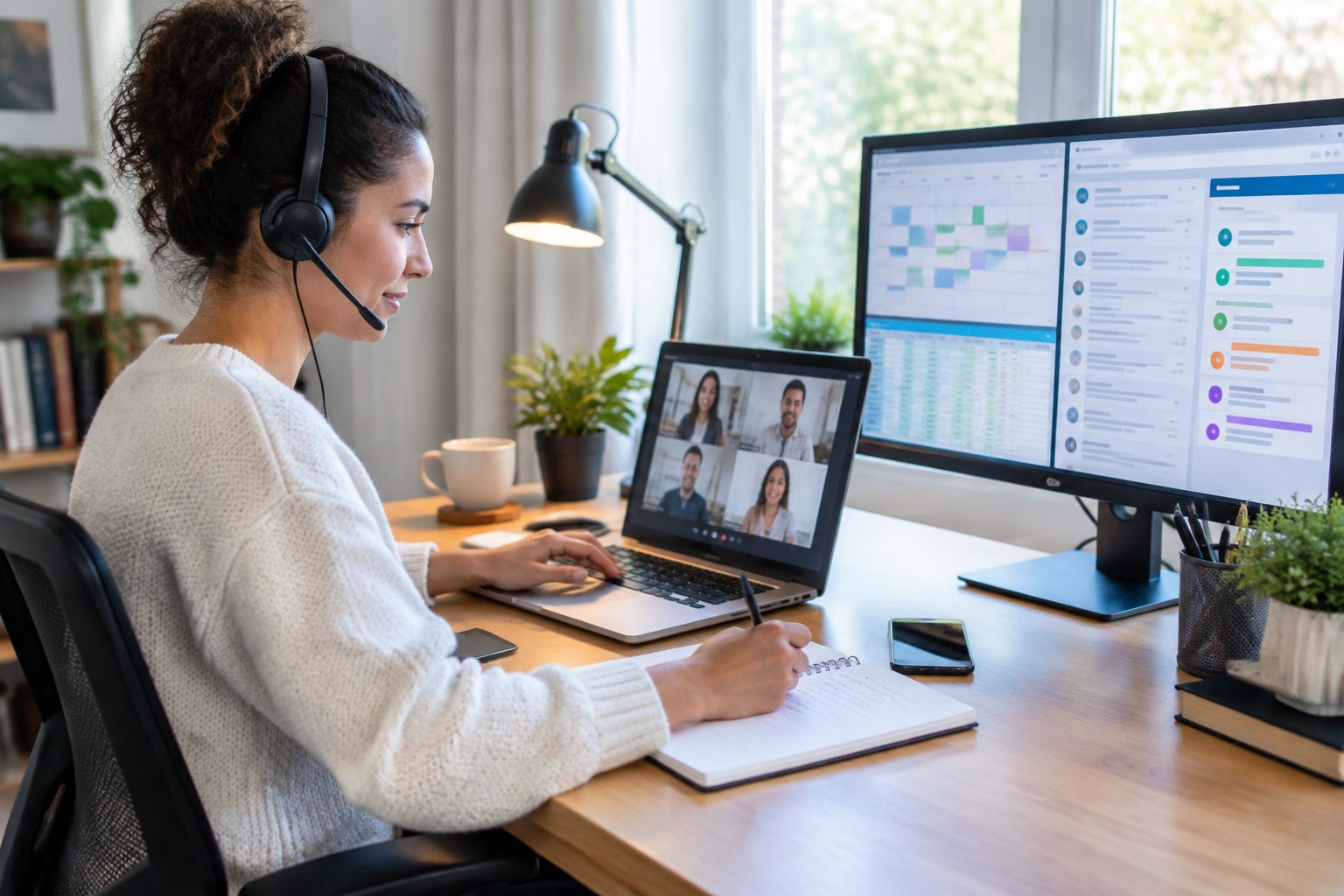 Una persona trabaja en tareas administrativas desde casa con una computadora, un teléfono y una libreta.
