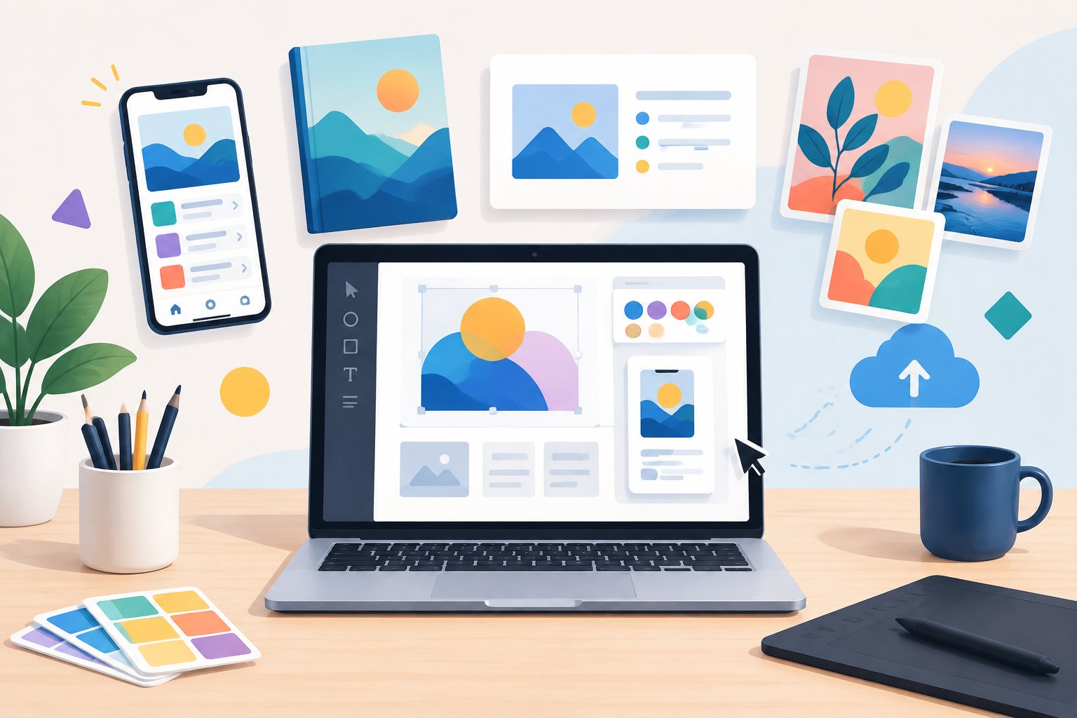Canva digital products. A laptop displaying a design workspace surrounded by previews of digital products.