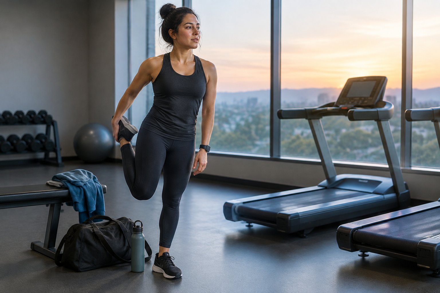 A healthcare worker stretches beside a treadmill after an overnight shift.