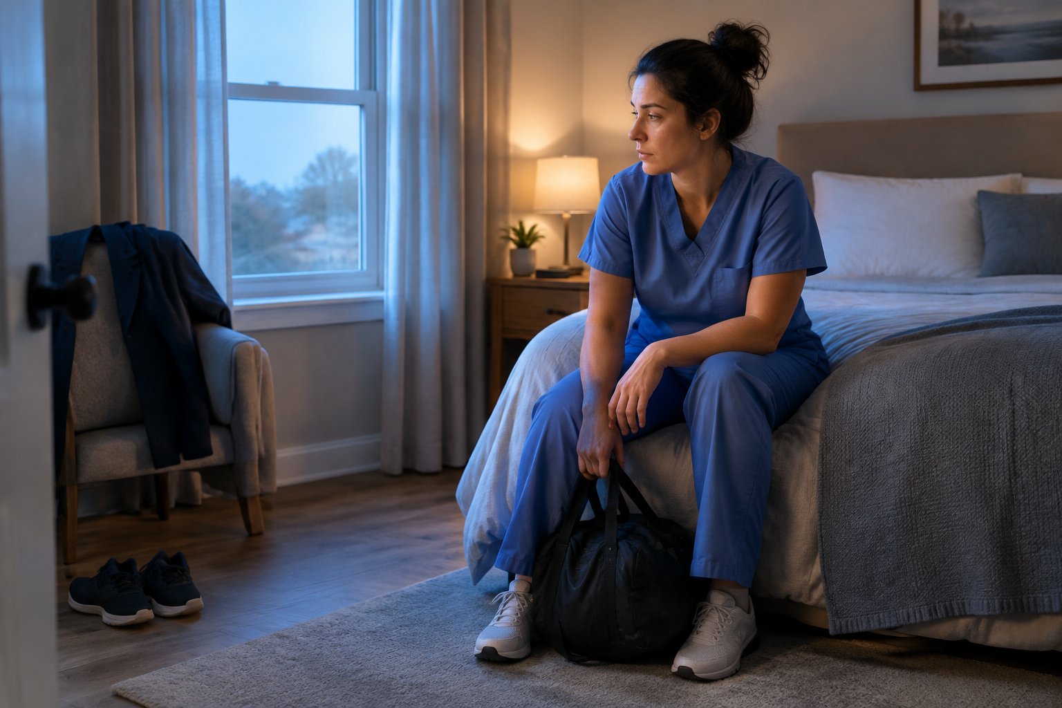 A tired worker in scrubs sits beside a bed with a gym bag after a night shift.