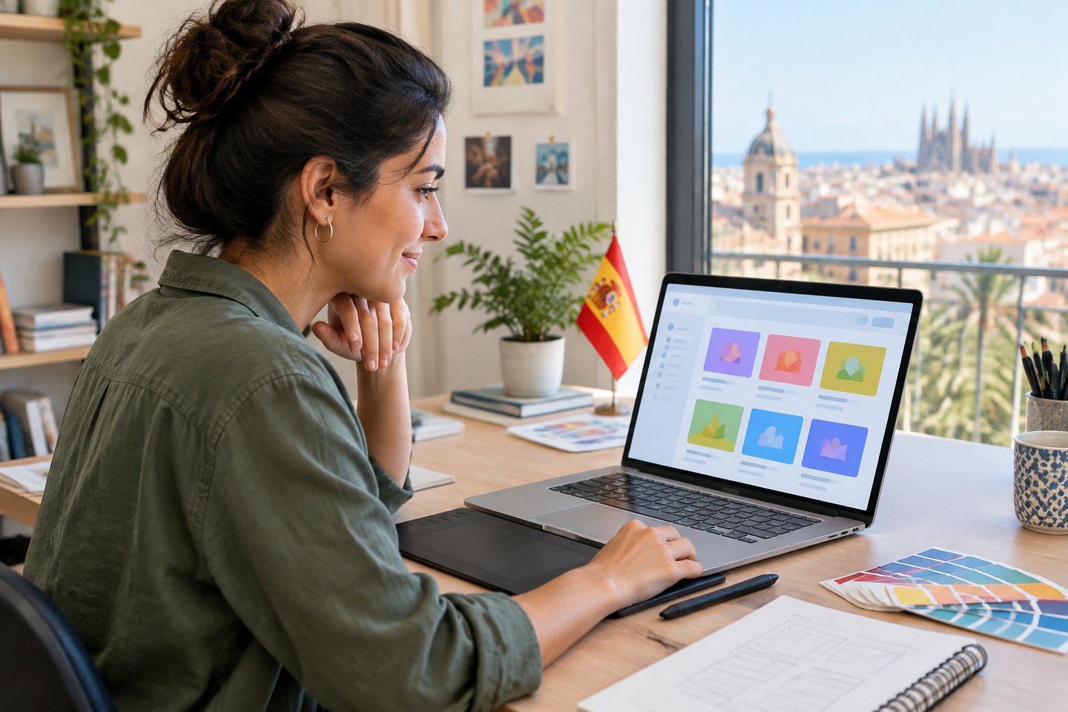 Una diseñadora gráfica busca oportunidades de trabajo remoto desde su oficina en casa.