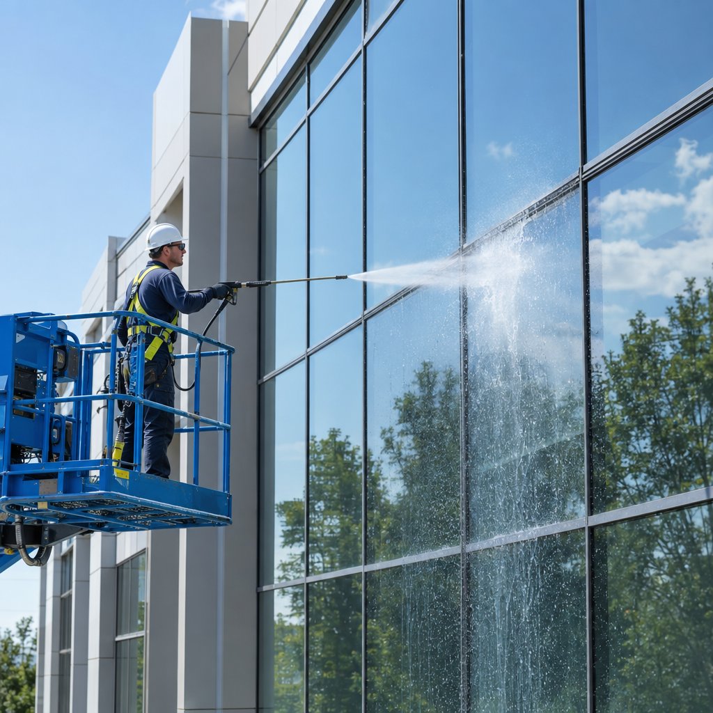 A worker pressure-washes the windows of a modern commercial building.