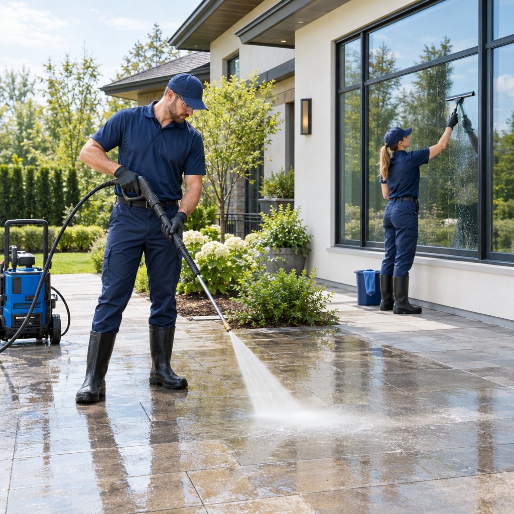 Two technicians clean a home's windows and patio.