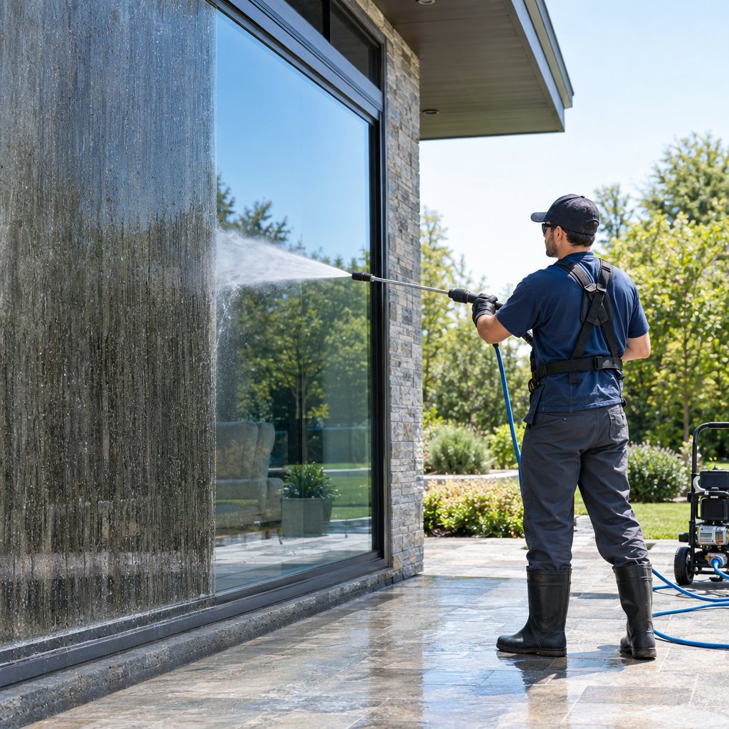 A cleaning professional pressure-washes the exterior beside a window, with a clear contrast between the dirty and cleaned surfaces.