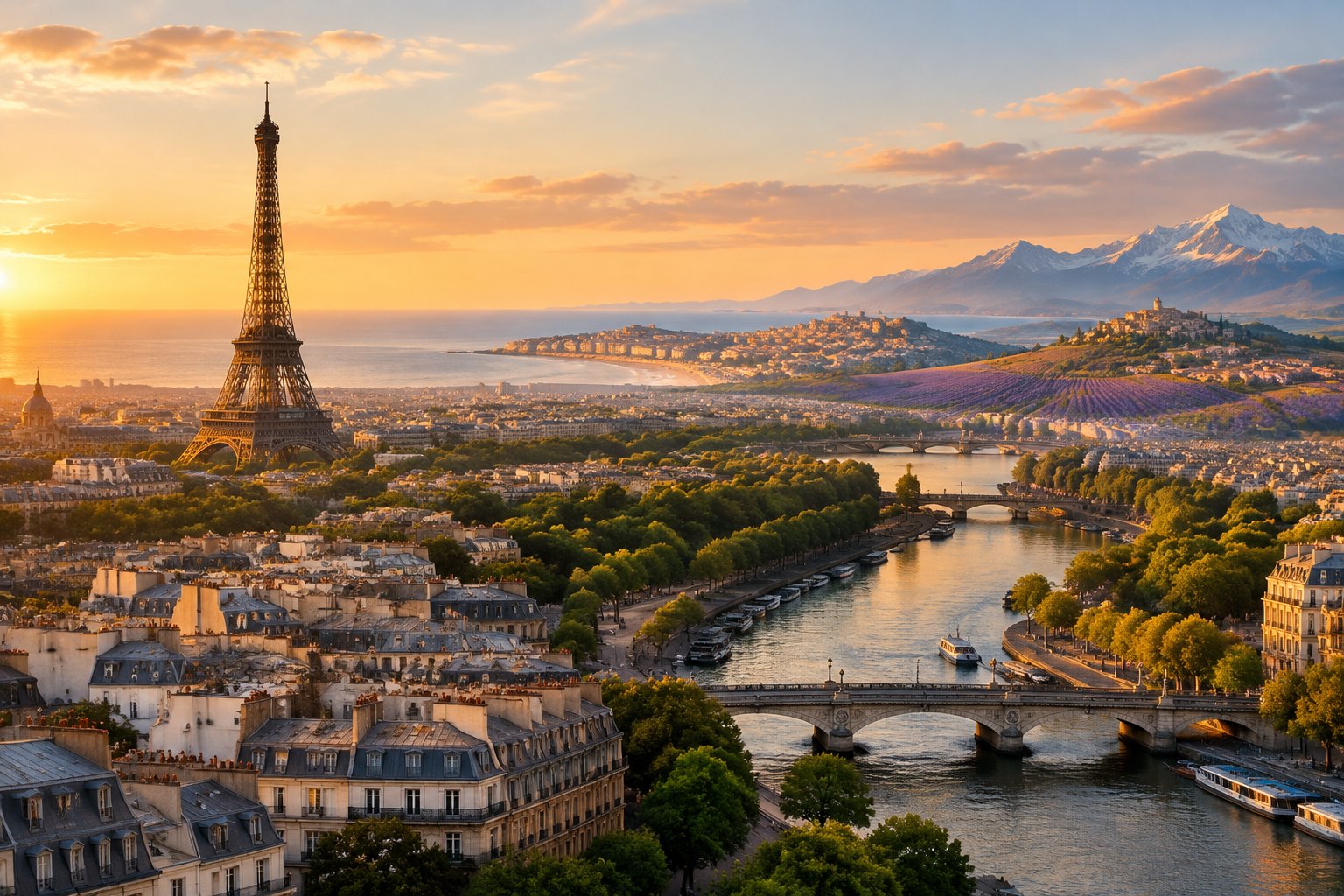 A panoramic view of Paris with the Eiffel Tower, the Seine, and distant French landscapes.