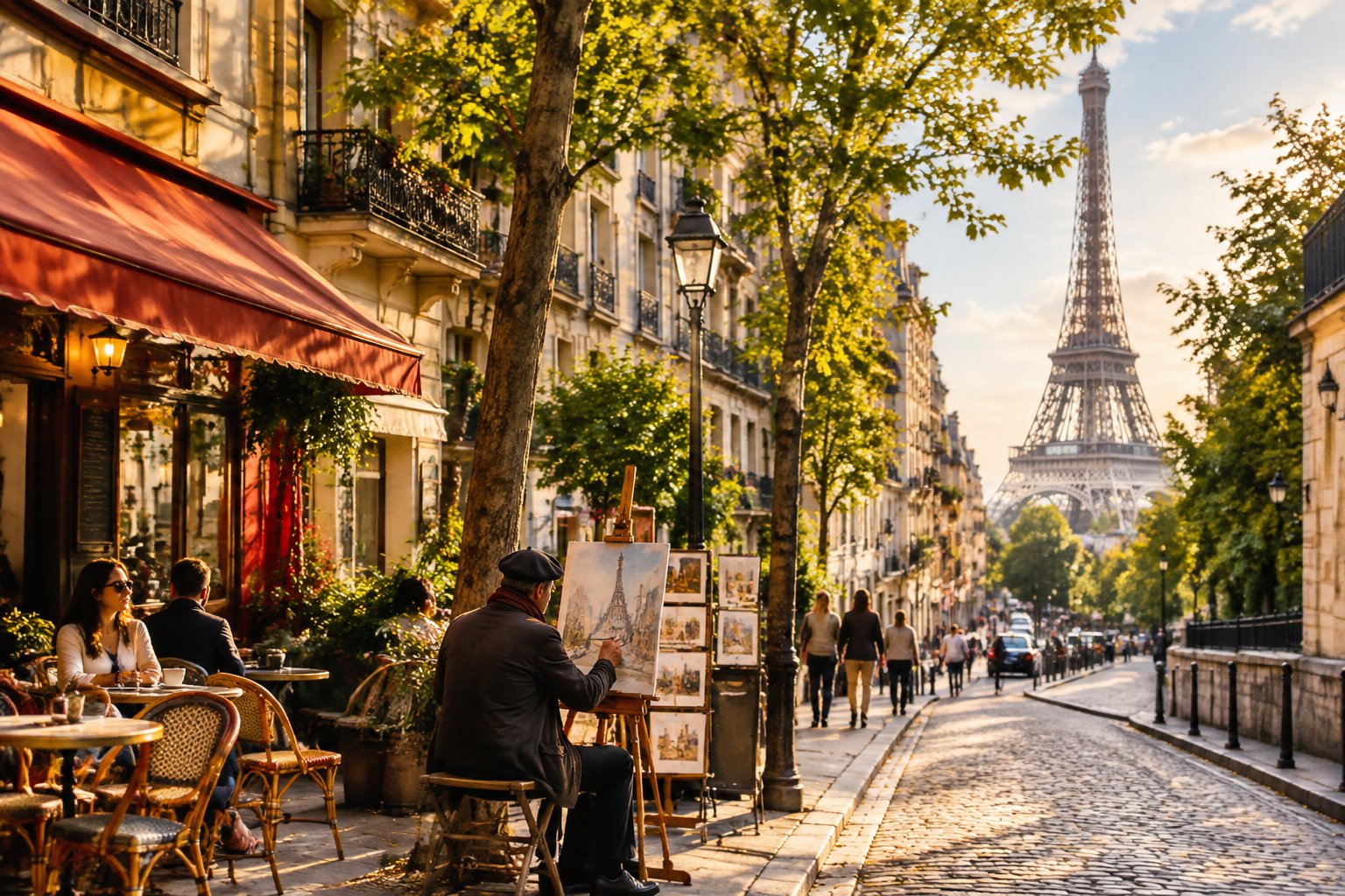 A Parisian café-lined street with the Eiffel Tower in the distance.