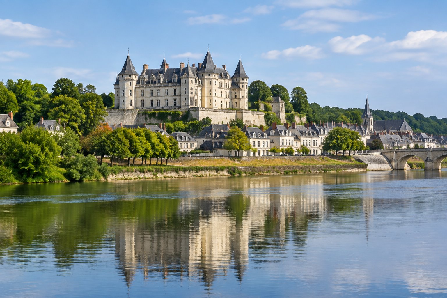 A château and riverside town beside the Loire River.
