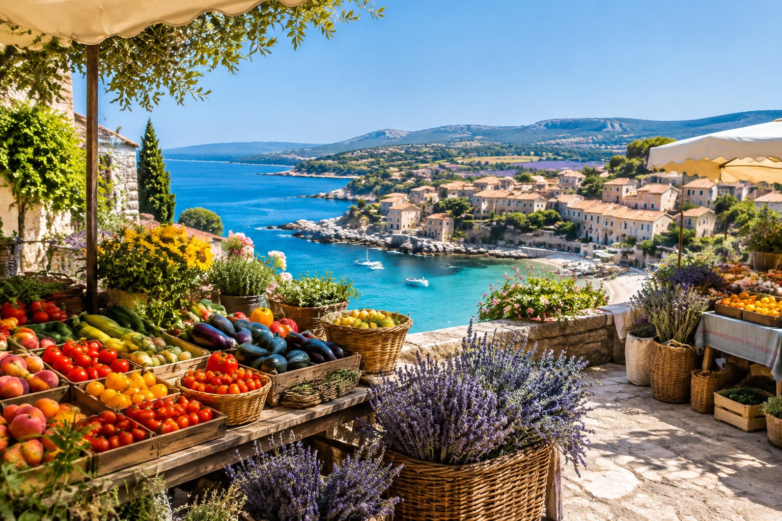 A Provençal market with lavender and fresh produce overlooking a Mediterranean cove.