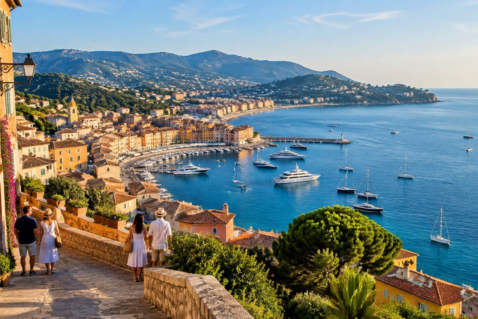A colorful seaside city curves around a blue Mediterranean bay, with green hills rising behind it.