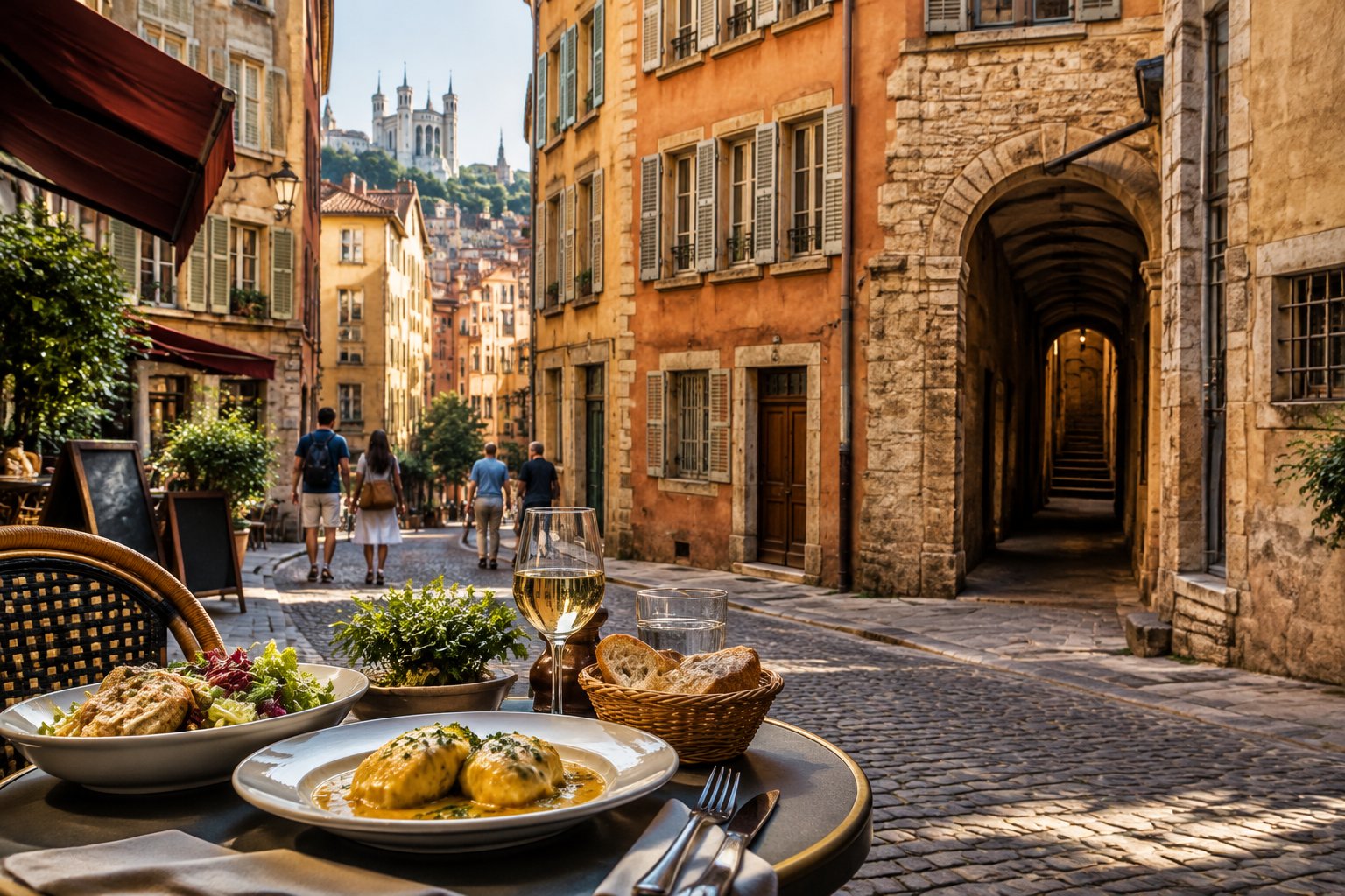 A café meal on a historic street in Lyon.
