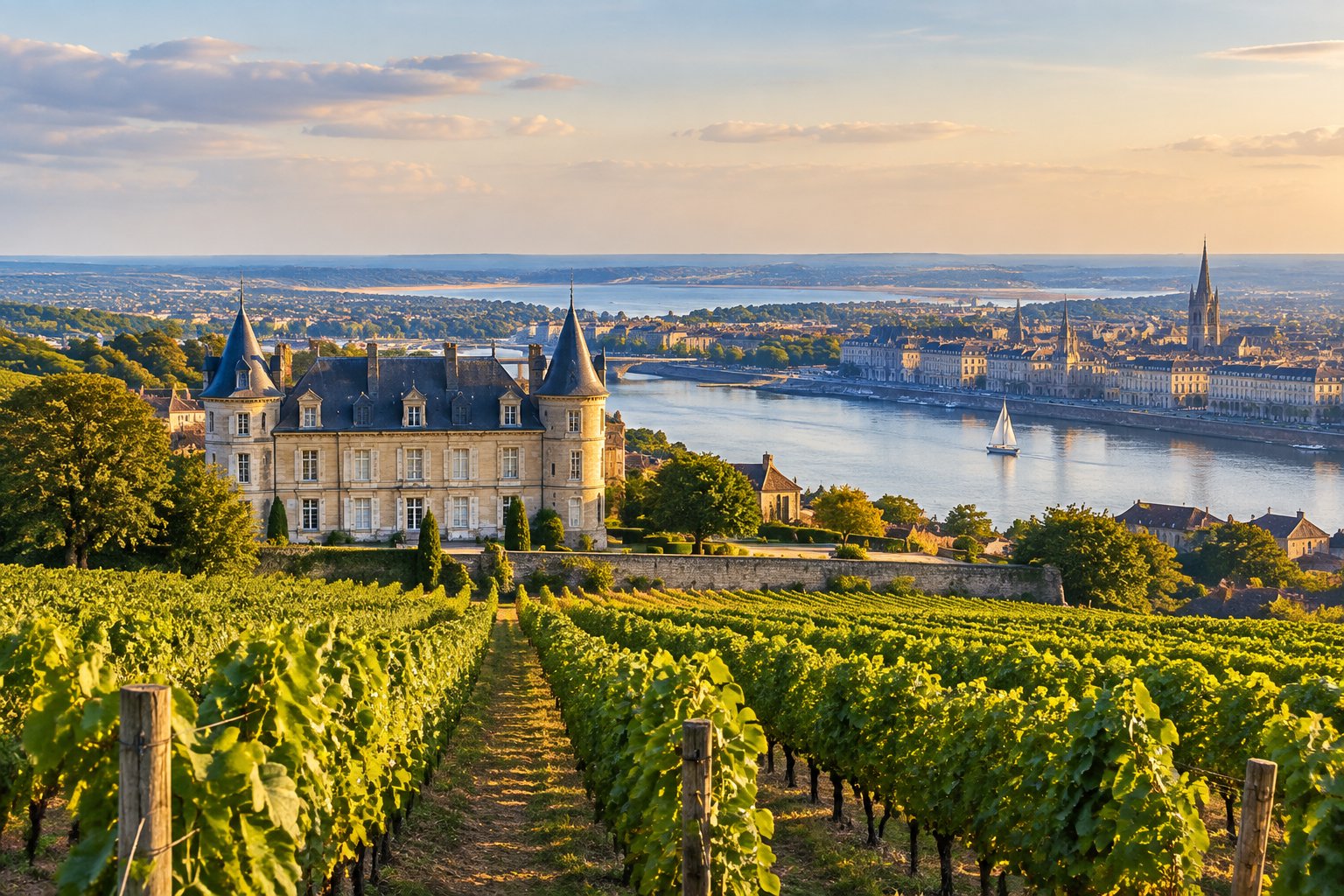 Rows of grapevines lead toward a château, with Bordeaux architecture and a sailboat on the river in the distance.