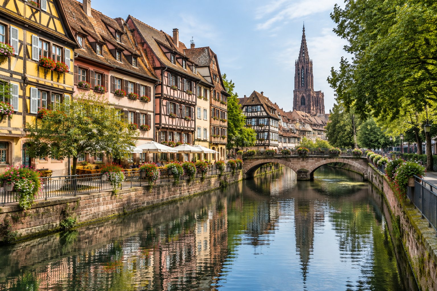 Colorful half-timbered houses line a canal-side street in Strasbourg.