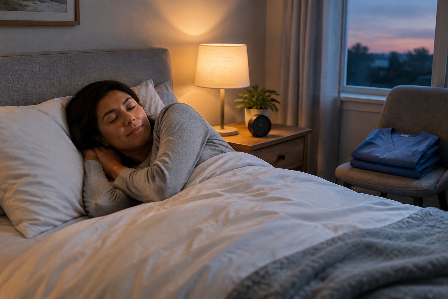A healthcare worker rests in bed before a night shift, with a folded uniform nearby.