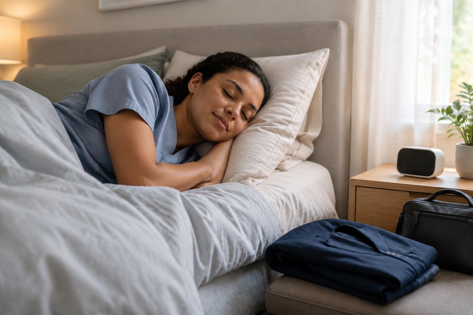 A healthcare worker rests in bed before an upcoming night shift.