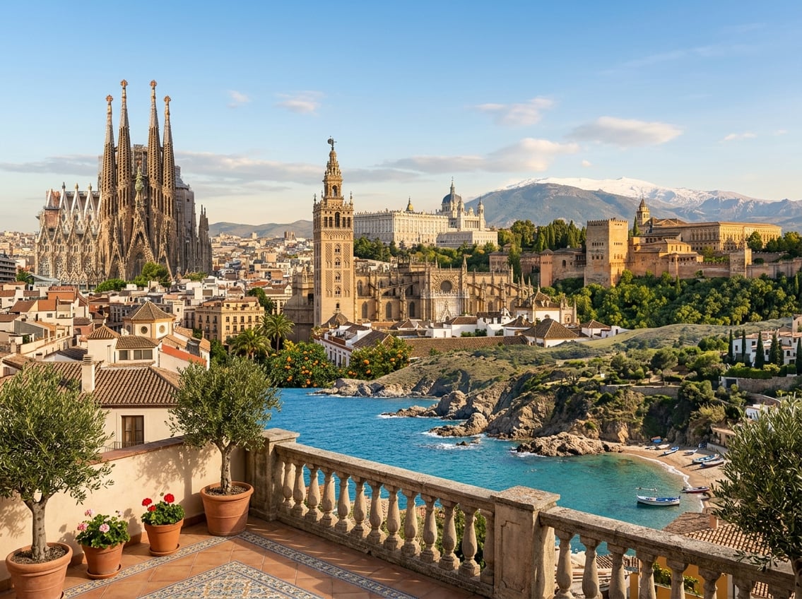 Spanish landmarks and a Mediterranean coastline in a sunlit panorama.