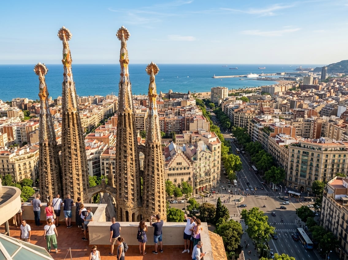 The Sagrada Família rises above Barcelona, with the Mediterranean coastline in the distance.
