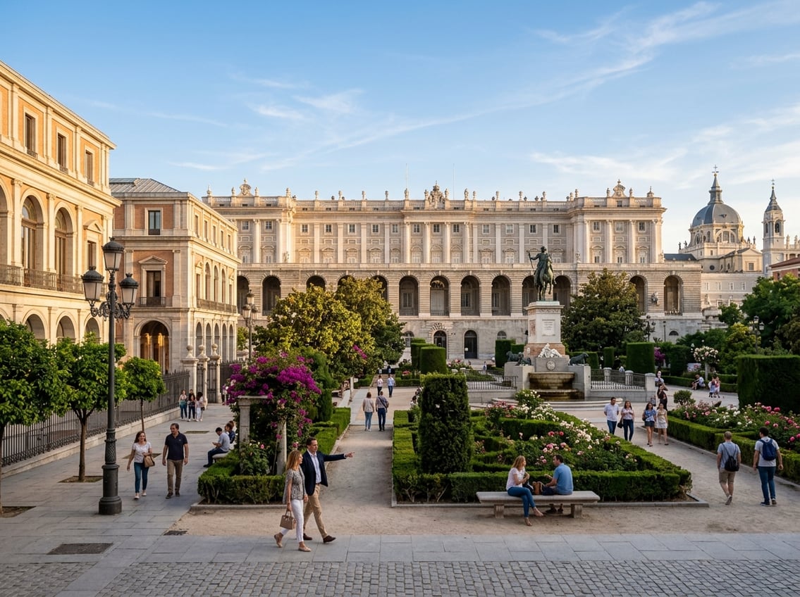 Visitors stroll through a garden plaza with Madrid's Royal Palace in the background.