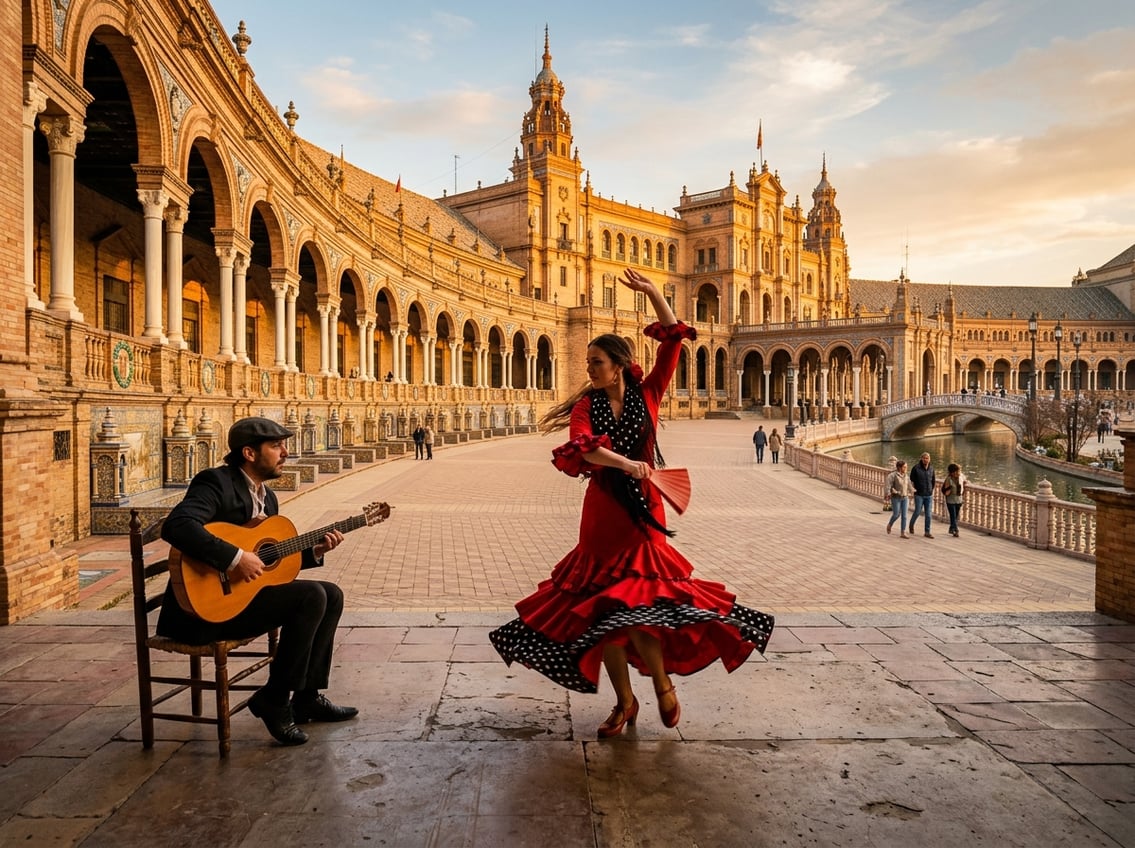 A flamenco dancer performs in a Seville plaza with ornate arches and visitors nearby.