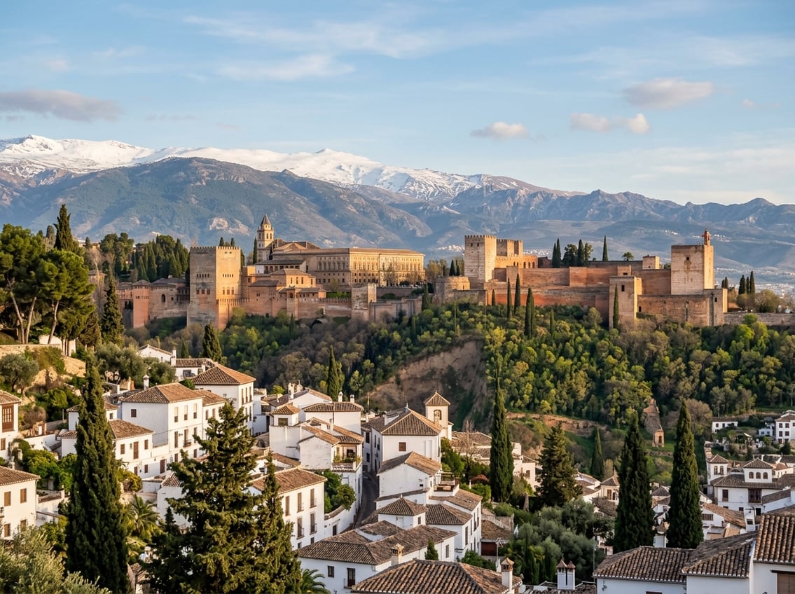 The Alhambra in Granada with the Sierra Nevada mountains in the background.