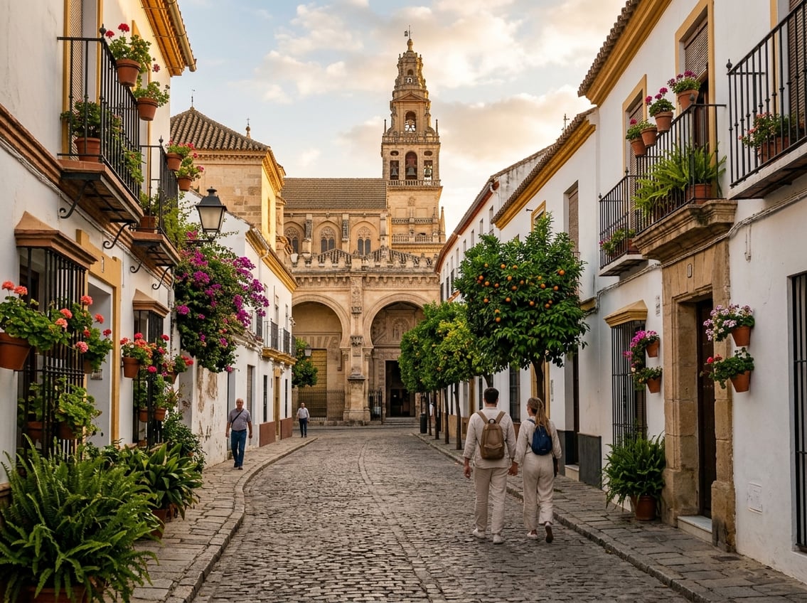 A cobbled street in Córdoba leads toward the Mezquita-Cathedral, framed by historic buildings and orange trees.