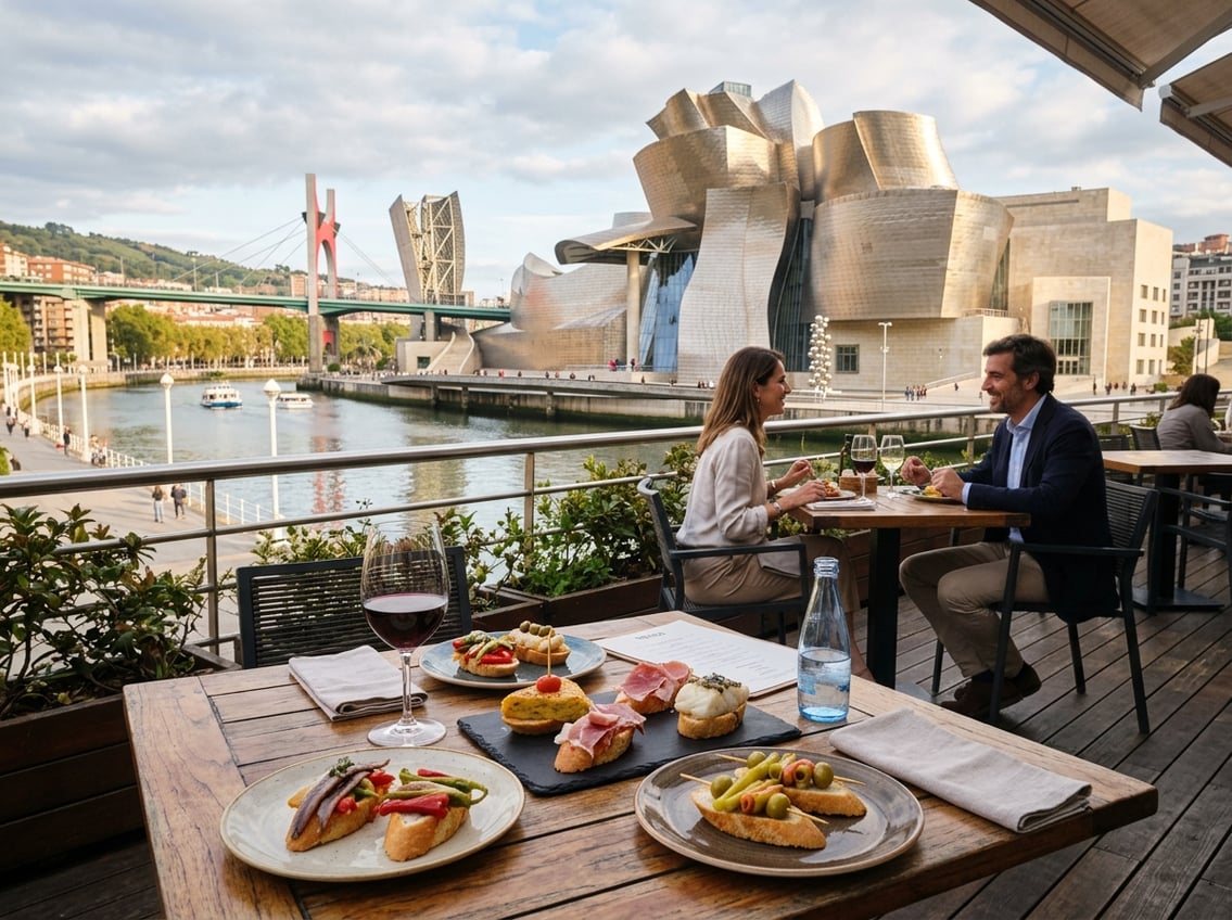 Pintxos on a riverside table with Bilbao's Guggenheim Museum in the background.