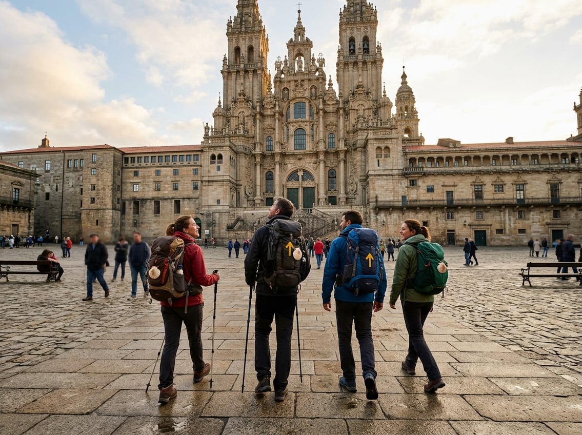 Pilgrims arrive in the stone plaza before the Cathedral of Santiago de Compostela.