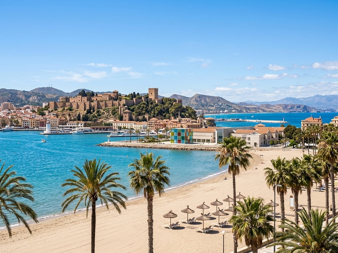 A sunny Málaga beach with the Alcazaba and coastal hills in the distance.