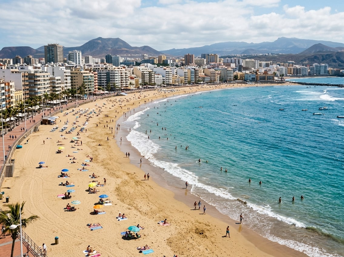 People relax along a sandy city beach beside the blue Atlantic in Las Palmas.