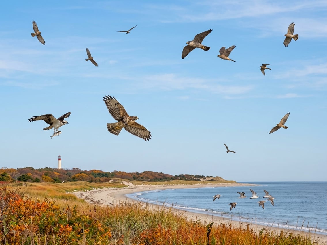 Raptors and shorebirds fly over the Cape May coastline in autumn.