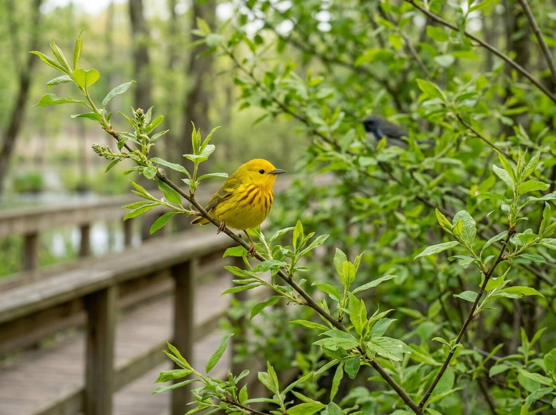 A yellow warbler perches on a leafy branch in a spring woodland near a marsh.