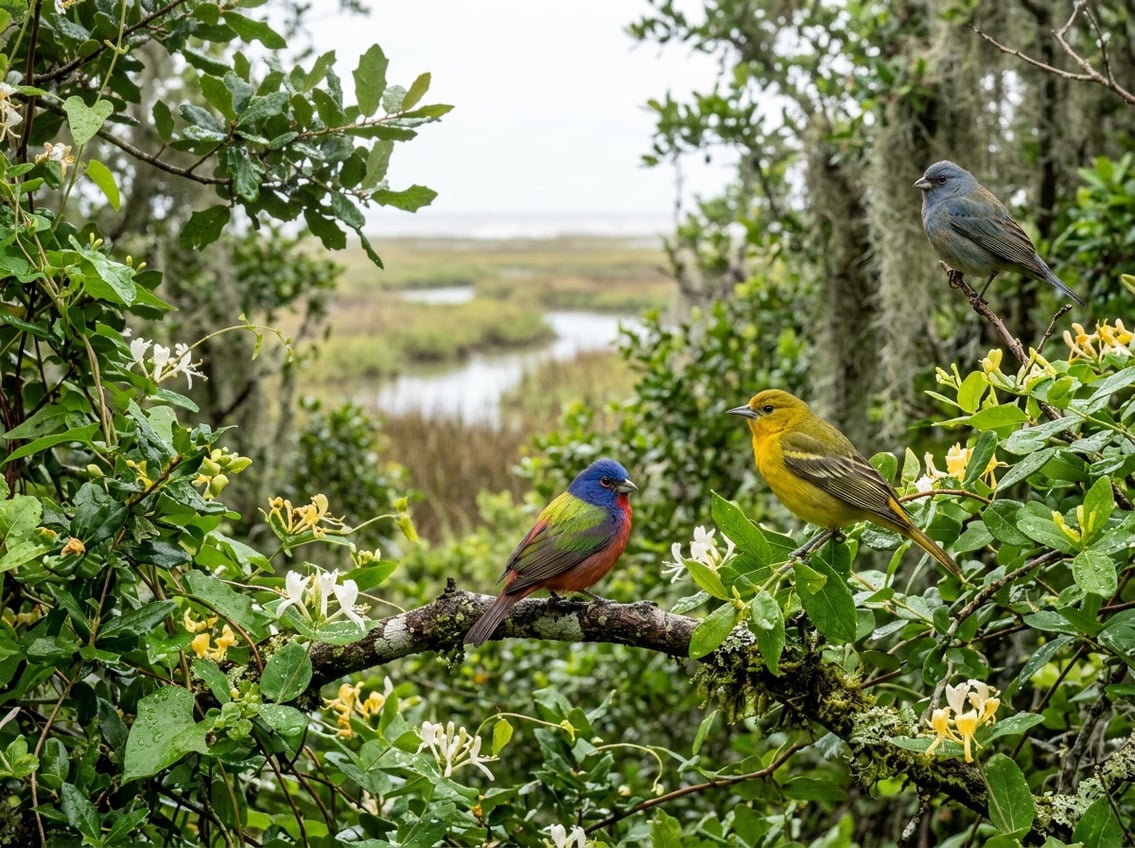 Migratory songbirds perch in leafy coastal woodland near the Texas Gulf Coast.