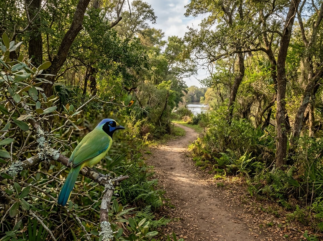 A green jay perched among trees beside a trail in a South Texas park.
