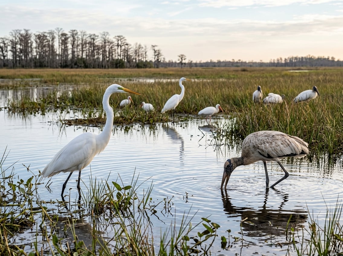 White wading birds stand in shallow water among marsh grasses.