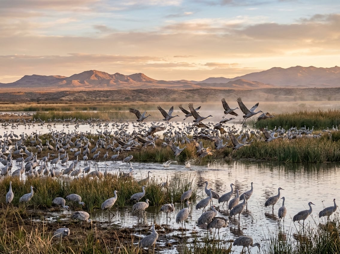 Sandhill cranes gather and take flight over a New Mexico wetland at sunrise.