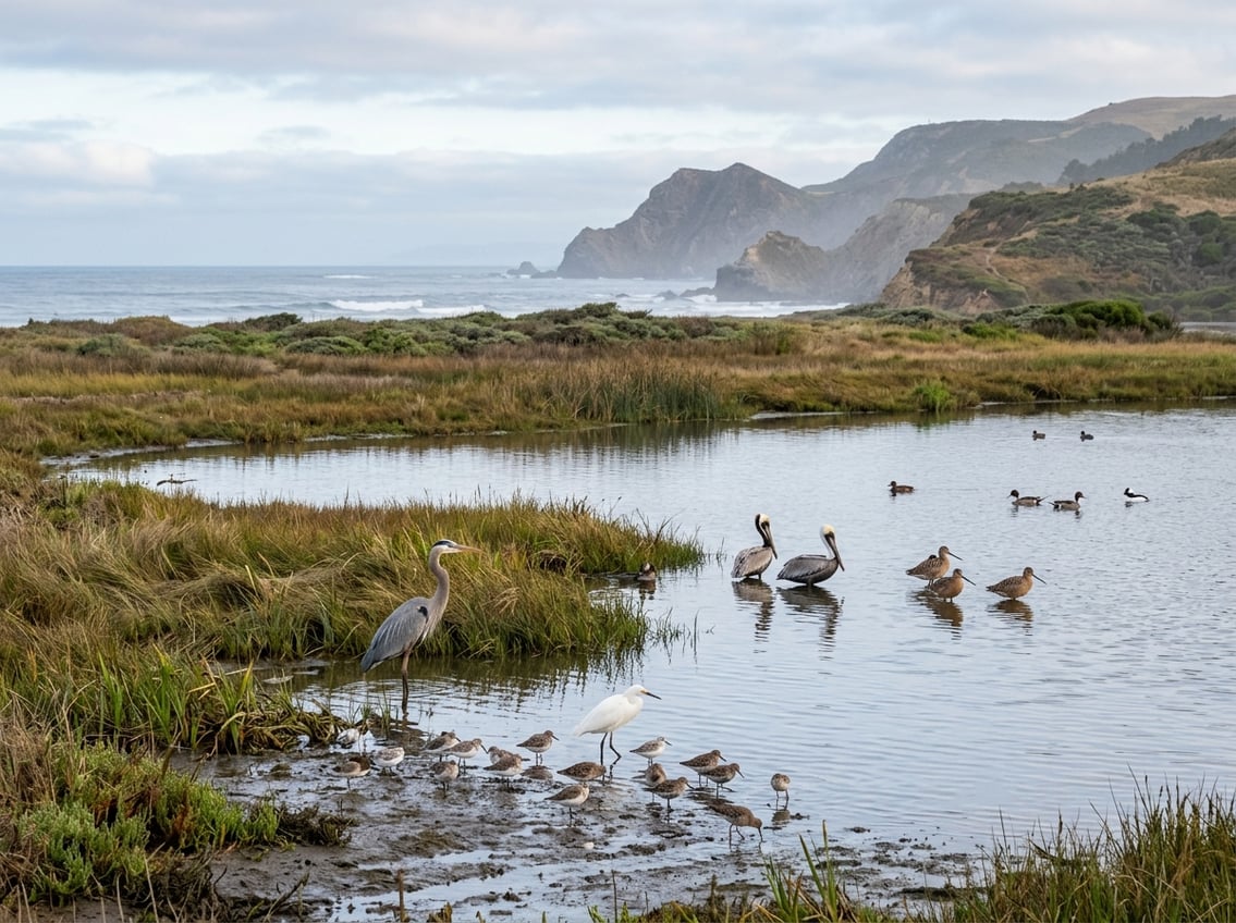 Shorebirds and waterbirds forage along a coastal wetland at Point Reyes.