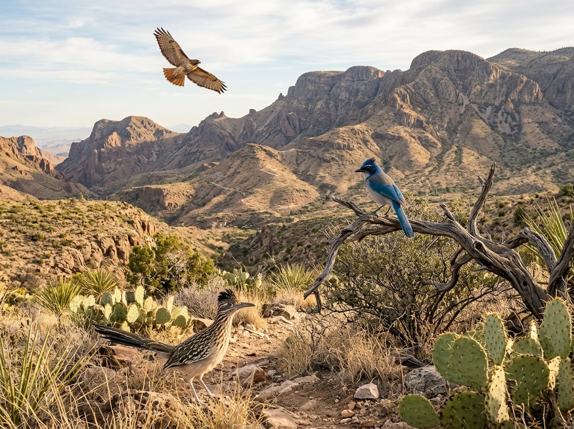 Birds among desert plants beneath the rugged mountains of Big Bend National Park.