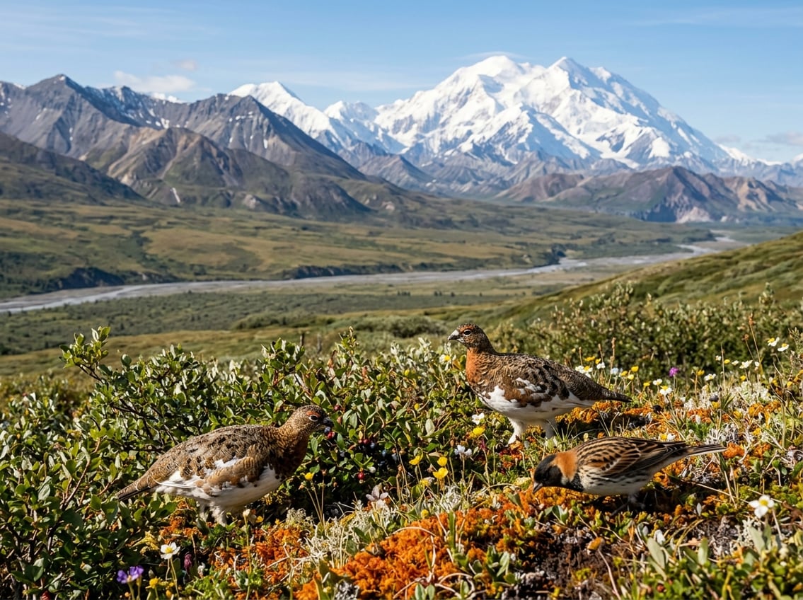 Ptarmigan and a shorebird forage across Alaska’s tundra with snow-covered mountains in the distance.