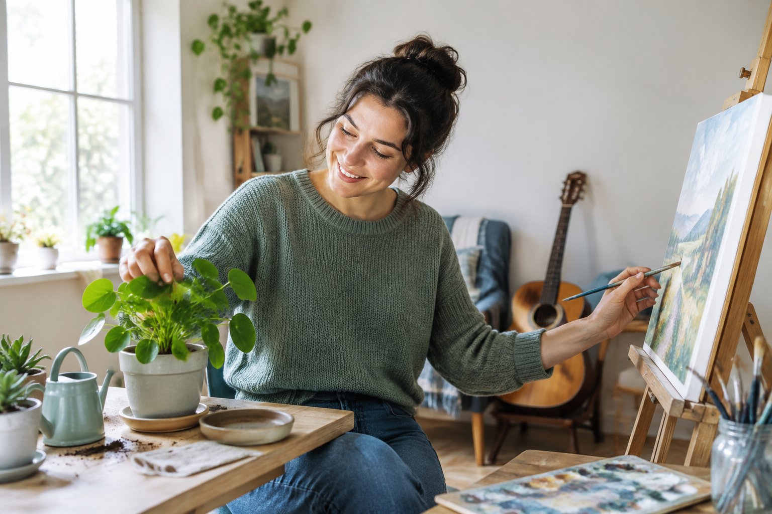 A person enjoys painting, playing guitar and caring for a potted plant at home.