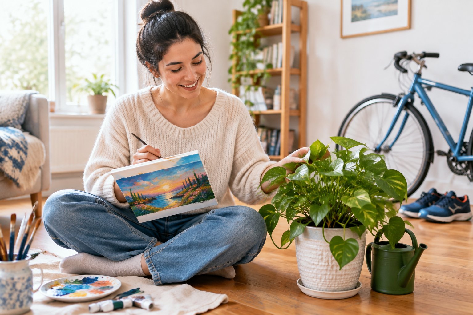 An adult enjoys painting and caring for a houseplant at home.