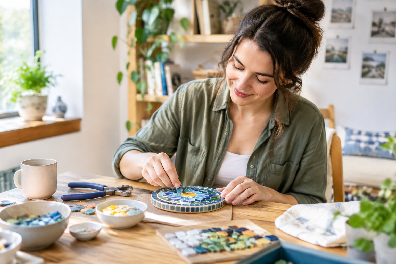 An adult enjoys making a colourful handmade project at a home workspace.