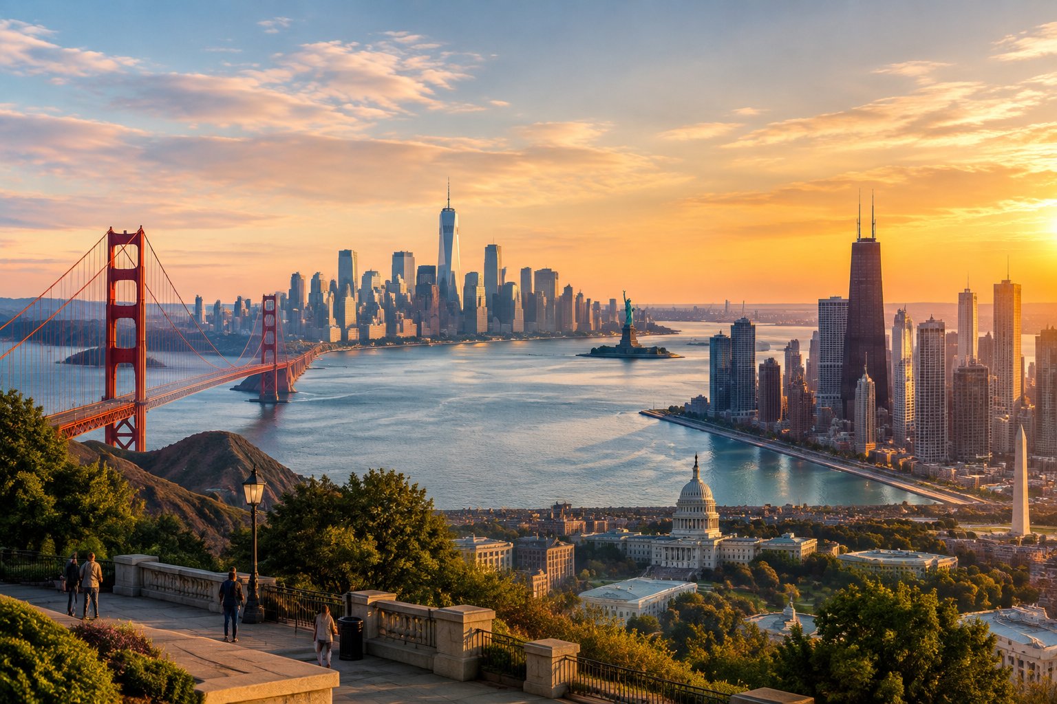 A panoramic view of American city landmarks, including skyscrapers, a bridge, and a distant monument.