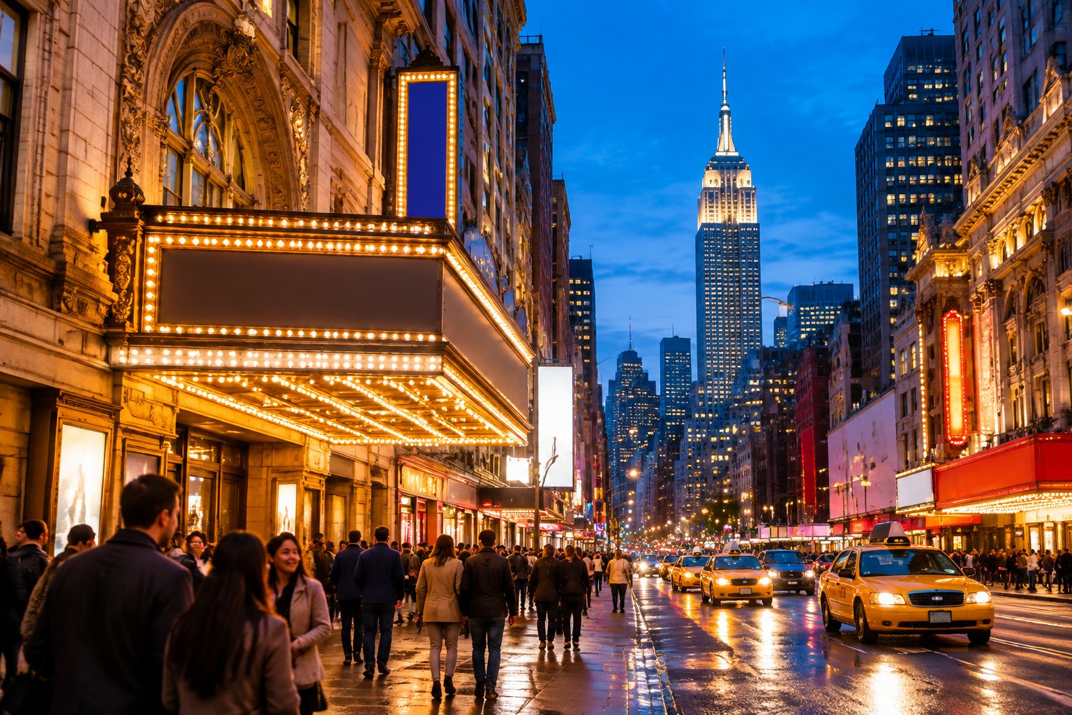 Crowds explore a lively Manhattan street beneath Broadway theater lights, with the Empire State Building in the distance.