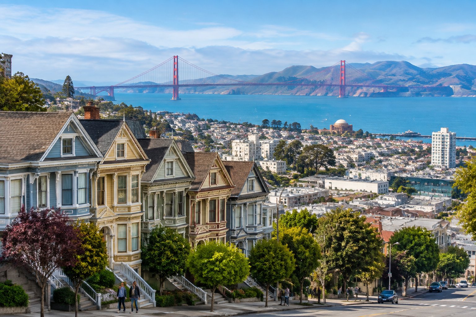 Colorful homes on a San Francisco hillside overlook the bay and Golden Gate Bridge.