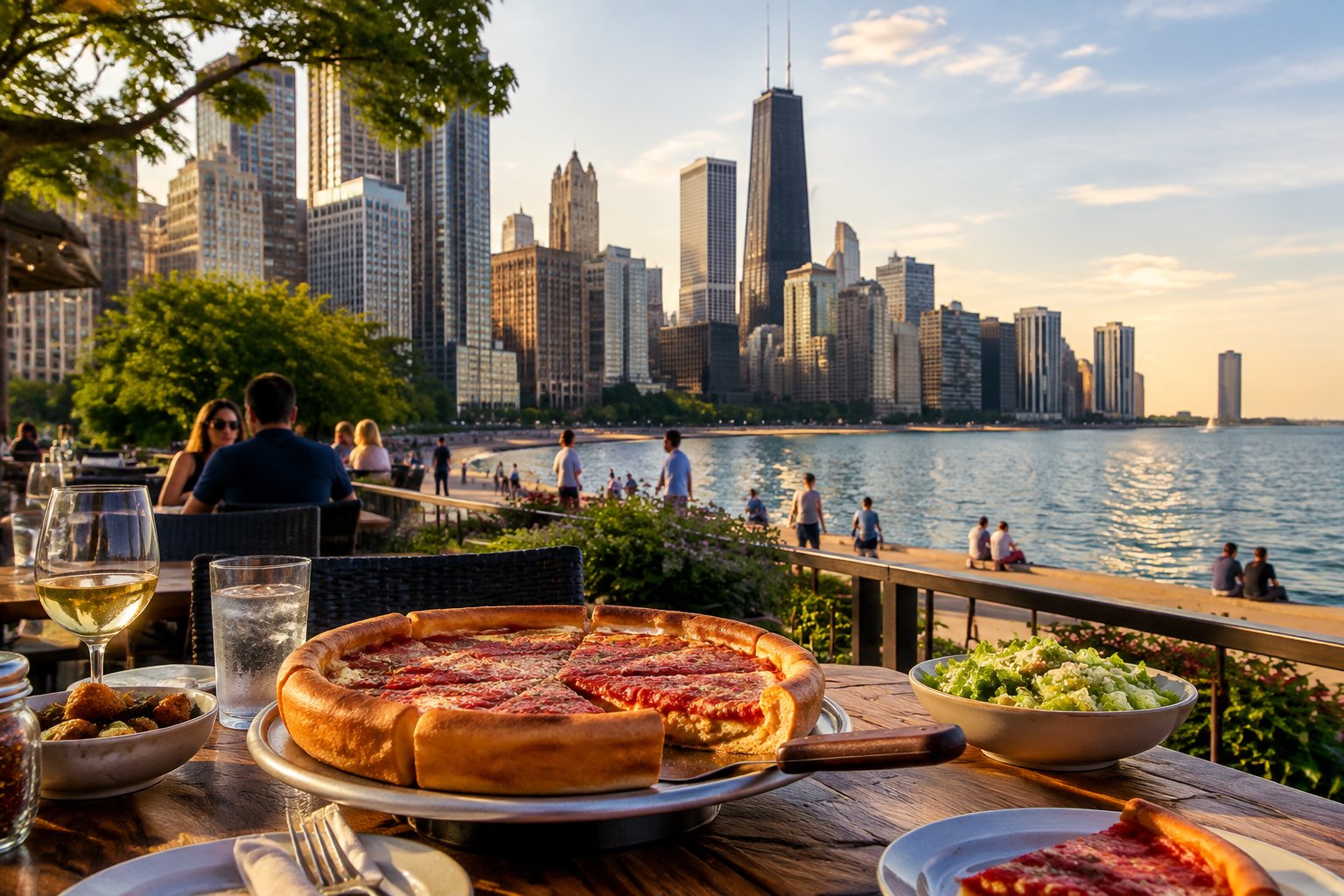 A deep-dish pizza on a Chicago dining terrace with the city skyline and Lake Michigan in the background.
