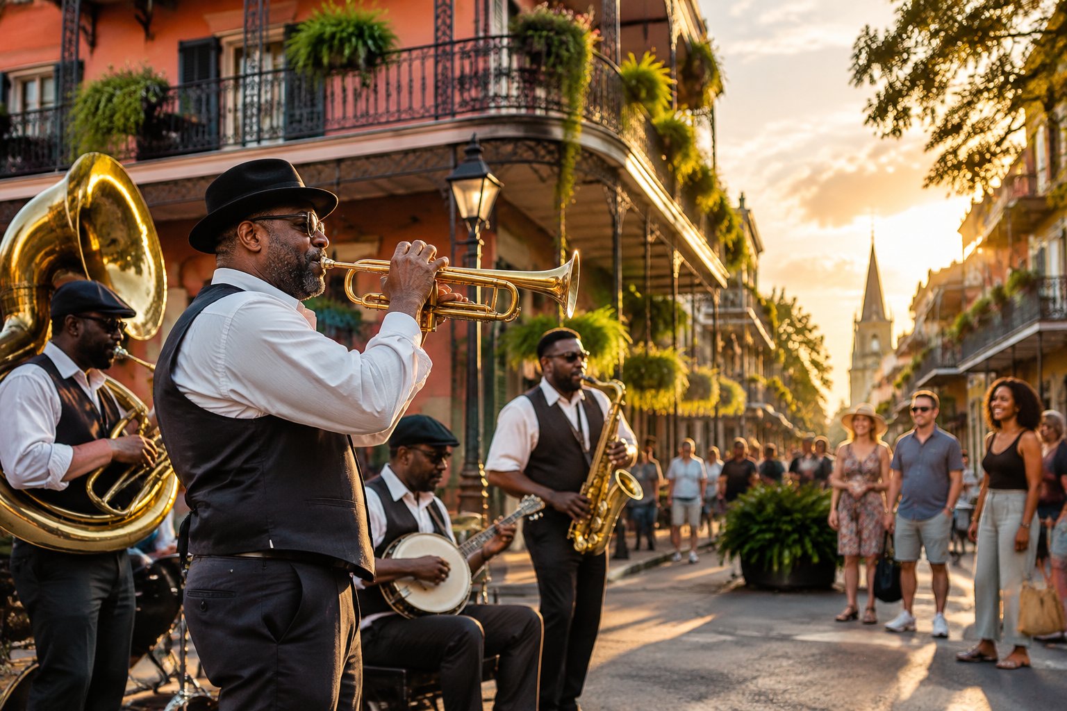 Jazz musicians perform on a French Quarter street as visitors listen.