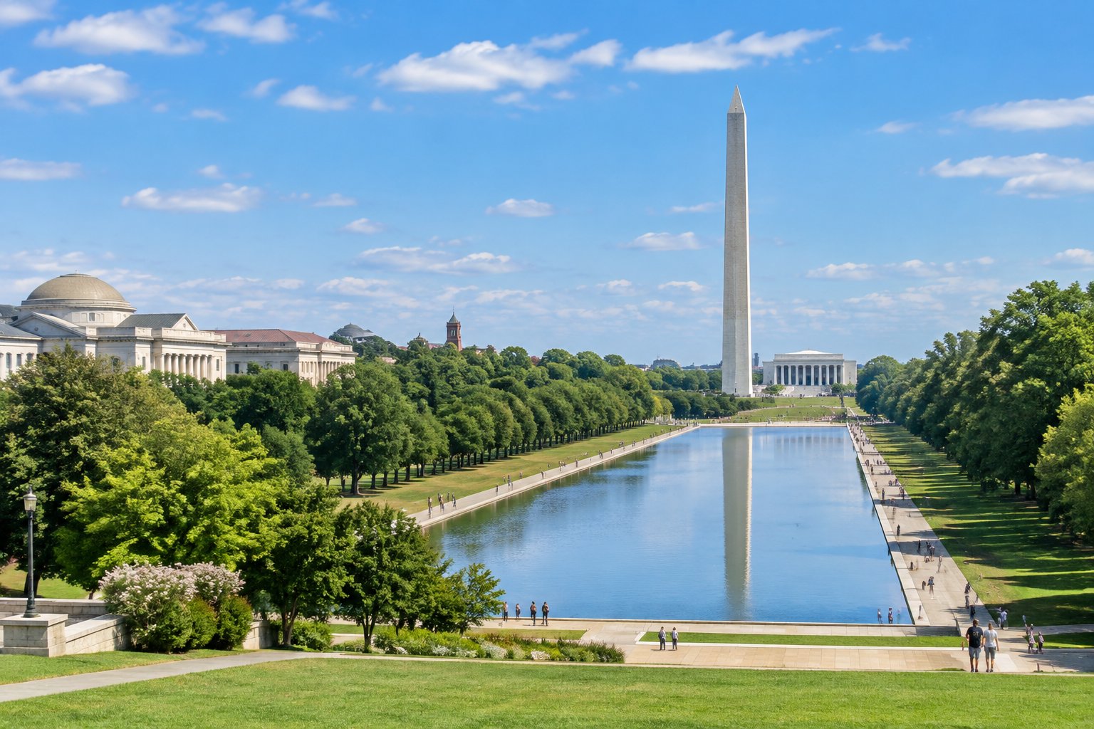 The Washington Monument and Lincoln Memorial overlook the reflecting pool on the National Mall.