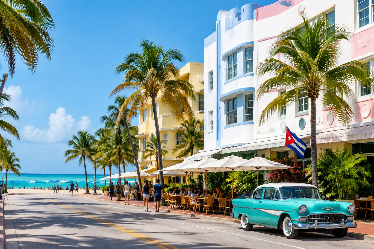 Visitors stroll past colorful Art Deco buildings near a sunny Miami beach.