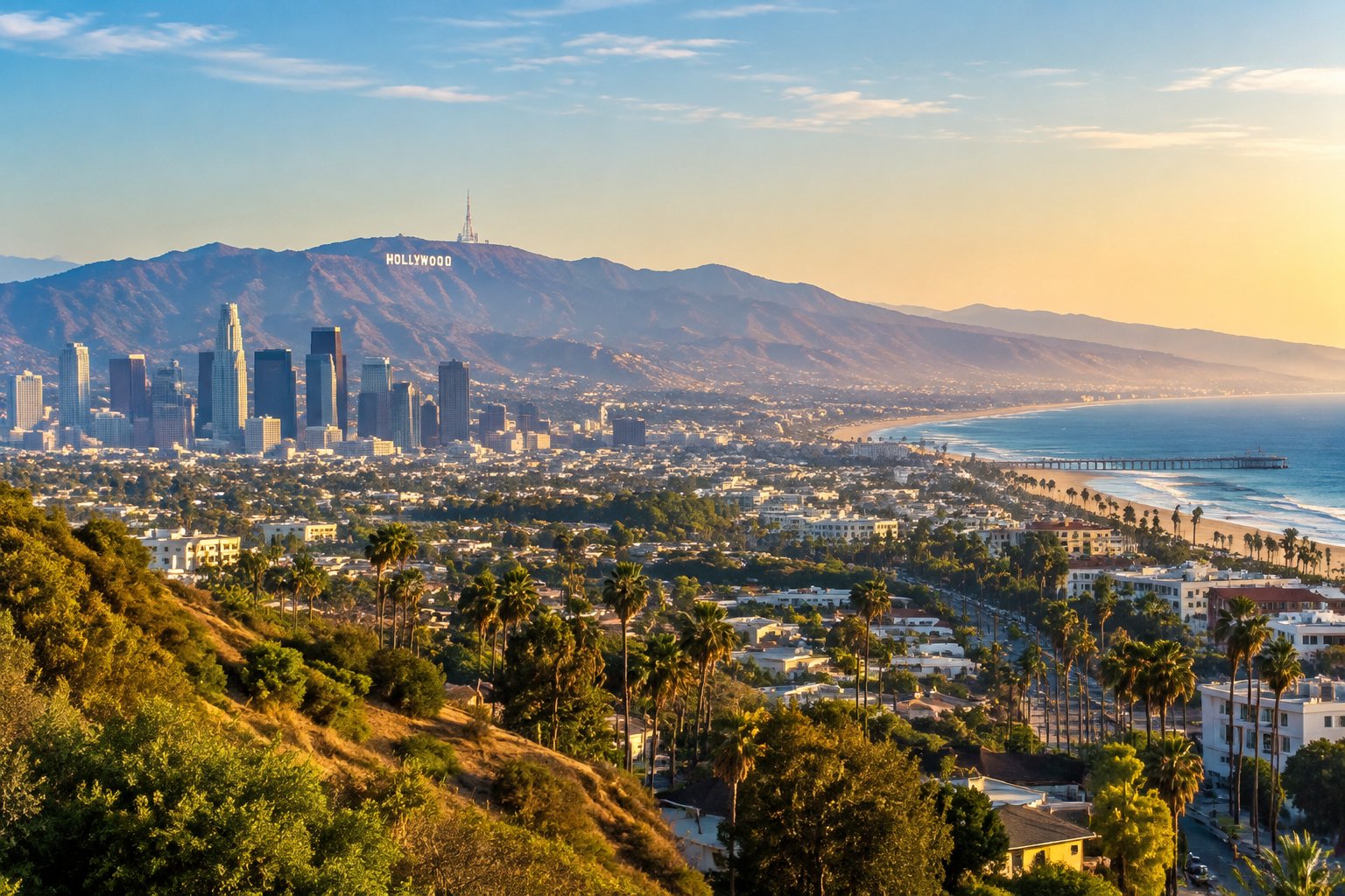 The Hollywood Sign overlooks Los Angeles, with the city and Pacific coast in the distance.