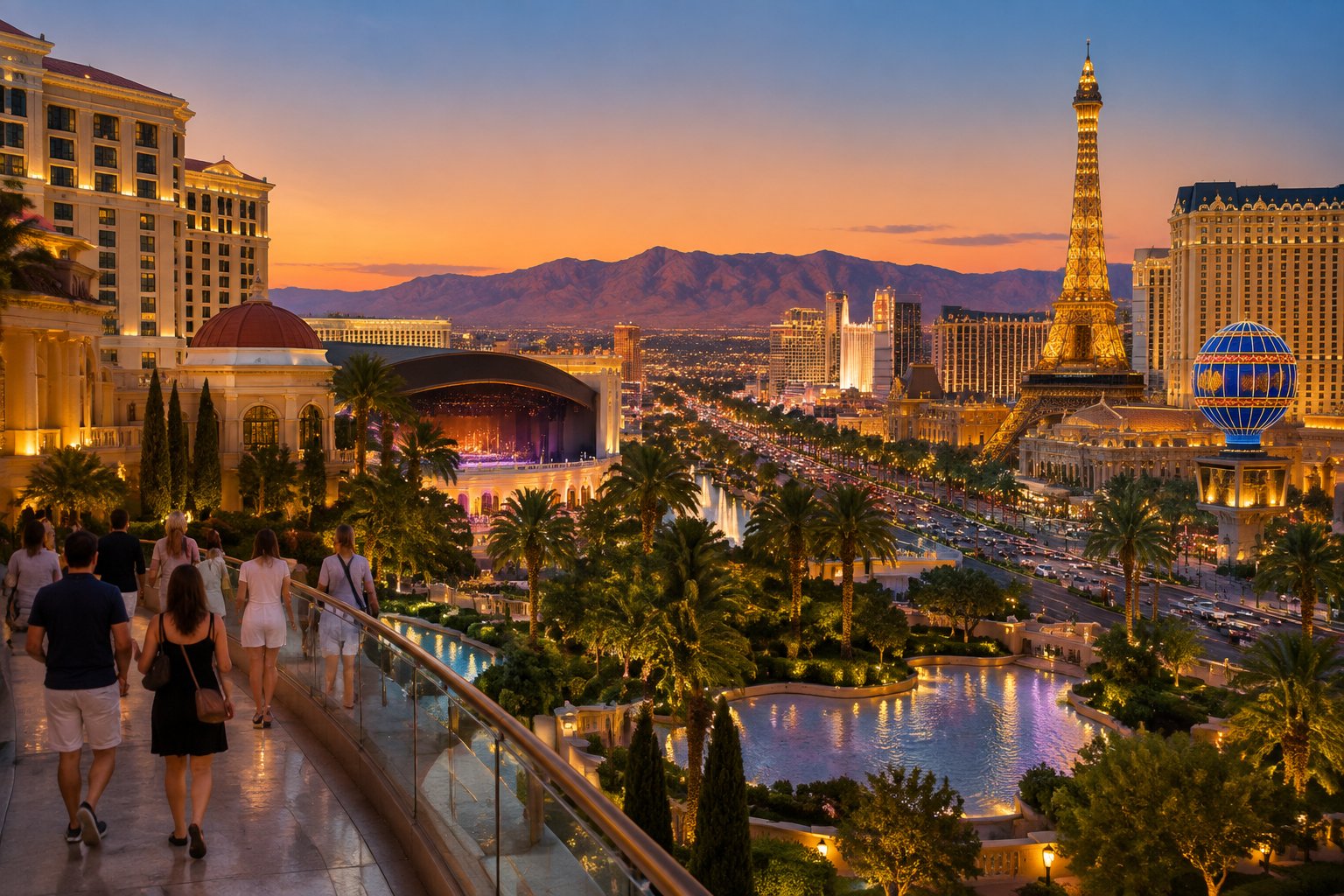 Visitors walk along the Las Vegas Strip, with resort hotels, palm trees, and desert mountains in the distance.